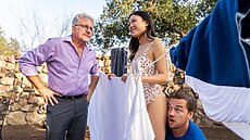 While Lulu's husband isn't looking Kyle comes into the yard to chat and Lulu starts sucking his dick right away