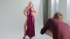 Posing provocatively in her stunning self-designed dress, the aspiring model has her eyes on Danny D’s camera…and his huge cock!