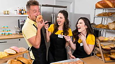 These sluts and himbos are sneaking around, scissoring, sucking and fucking, and their customers are none the wiser.