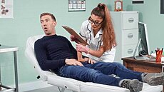 Danny's a bit nervous about brunette Marina Maya's unorthodox methods of treatment, but Marina puts his mind at ease