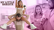 The Exxxtra Small barista sucks Chris’s dick in the kitchen before they head to the couch, where Chris fucks her hard