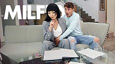 The stunning milf strips for her stepson and lets him feel up her tits while grinding on his cock.