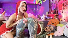 The girls are going at it on the couch, totally naked, kissing, fingering and licking pussy, and then Lily steps in with his hard dick. They share sucking on it, licking his shaved balls and taking his shaft down their throats. While Anuskatzz continues to suck cock Jahn steps in and stuffs his pole into her tattooed pussy. Next thing you know both girls are getting fucked, sucking dick and scream