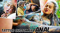 Anuskatzz gets her pussy fucked by a customer. Shes sitting on a bench with her legs crossed, wearing a yellow shirt, and has tattoos on her arms and face. Jason Steele has tattoos on his arms and neck. The scene is intense and full of chemistry, with both of them losing themselves in the moment. You gotta see these two go at it - its pure heat!